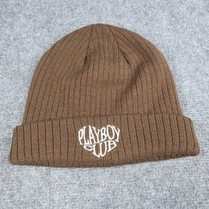Playboy Club Beanie Hat Brown Knit Cuffed One Size Mens Logo Winter Casual